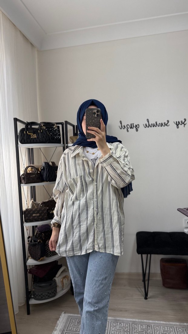 Kadın Bej Çizgili Rahat Kesim Gömlek - Görsel 2