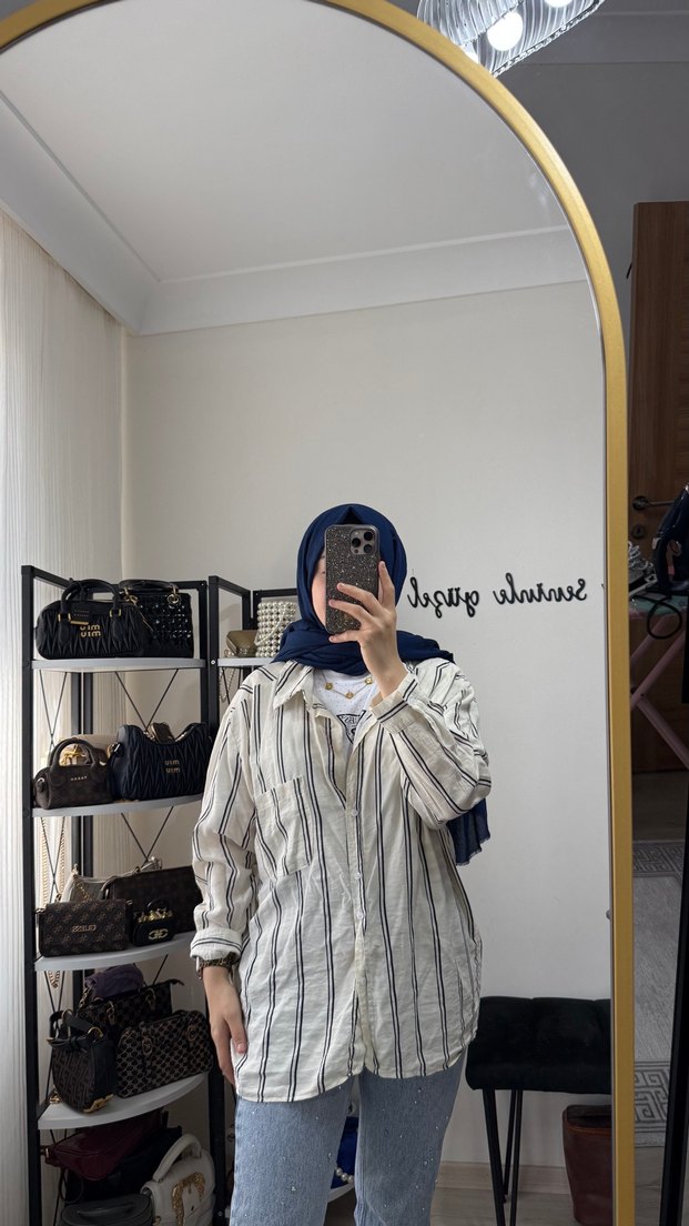 Kadın Bej Çizgili Rahat Kesim Gömlek - Görsel 4