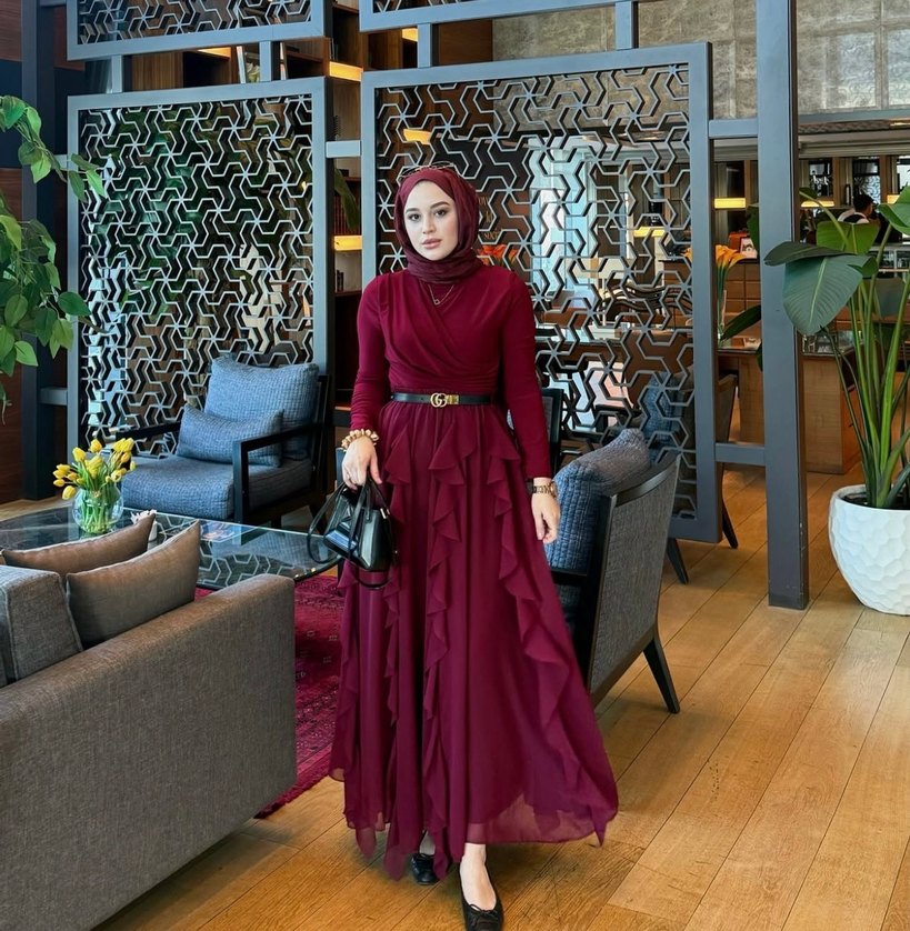 Bordo Uzun Kollu Drapeli Bohem Elbise - Görsel 3