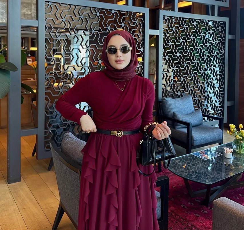 Bordo Uzun Kollu Drapeli Bohem Elbise - Görsel 2