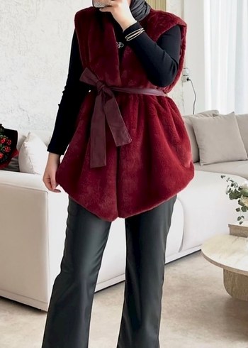Bordo Kuşaklı Midi Sıfır Yaka Kadın Yelek