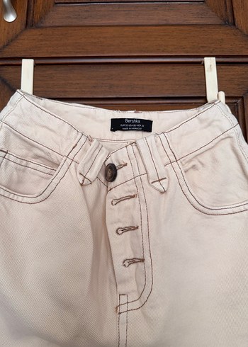 Bej Düğmeli Kadın Kot Pantolon - Görsel 2