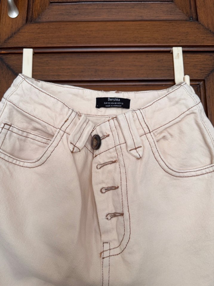 Bej Düğmeli Kadın Kot Pantolon - Görsel 2