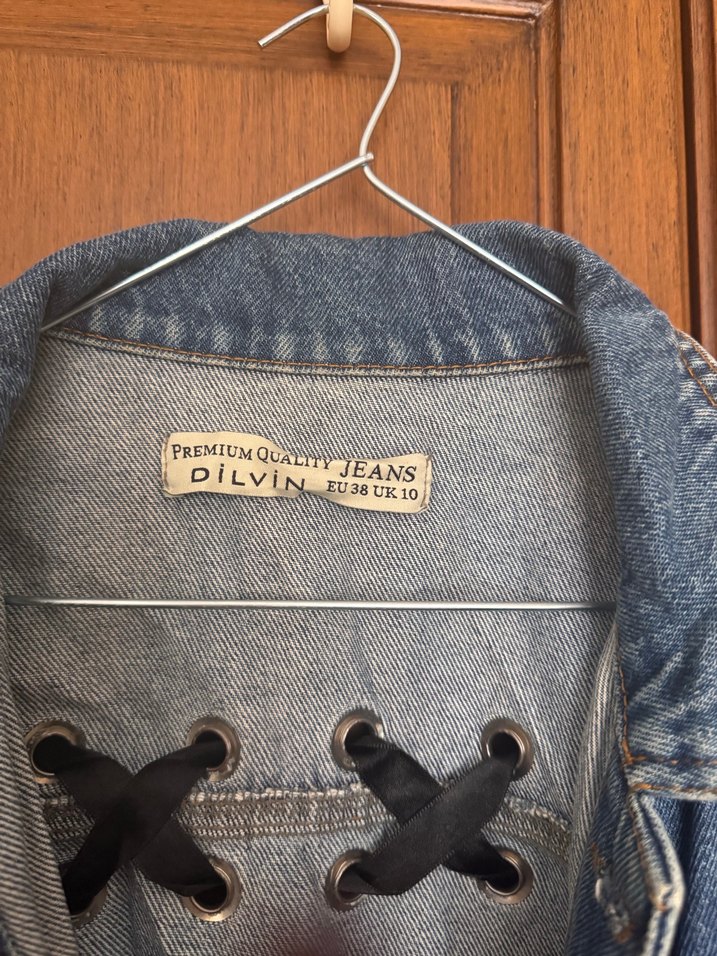 Mor Deri Kollu Kadın Denim Ceket - Görsel 3