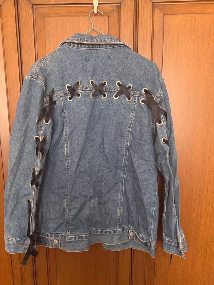 Mor Deri Kollu Kadın Denim Ceket - Görsel 4