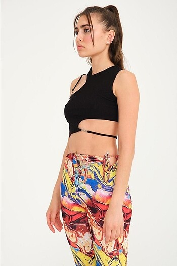 s Beden siyah Renk Kancalı Fitilli Crop Top