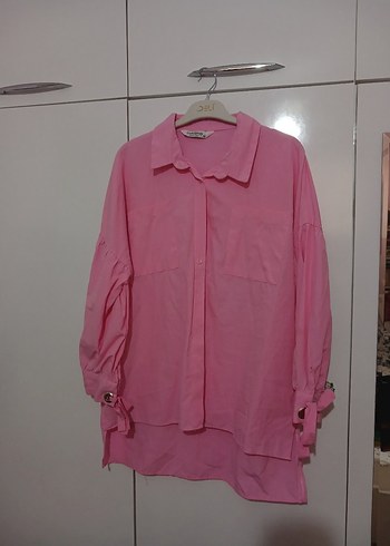 Düğmeli Pembe Keten Salaş Gömlek