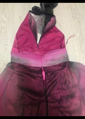 Pembe Uzun V Yakalı Drapeli Kadın Abiye Elbise - Görsel 4