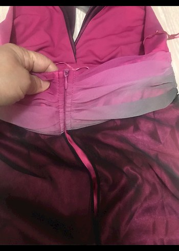 Pembe Uzun V Yakalı Drapeli Kadın Abiye Elbise - Görsel 5