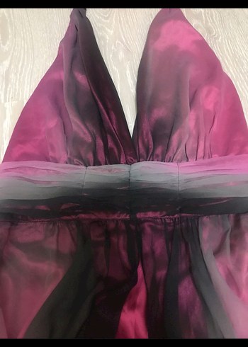 Pembe Uzun V Yakalı Drapeli Kadın Abiye Elbise - Görsel 3