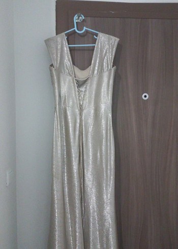 Saten Görünümlü Dore Drapeli Uzun Abiye Elbise - Görsel 5