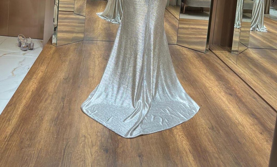 Saten Görünümlü Dore Drapeli Uzun Abiye Elbise - Görsel 2