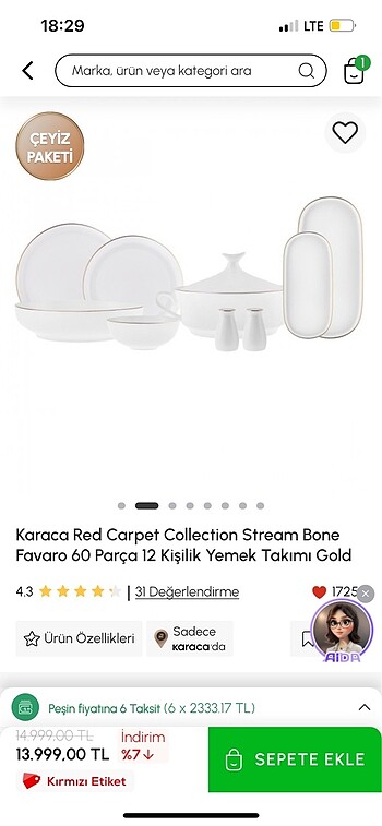 Karaca 12 kişilik yemek takımı