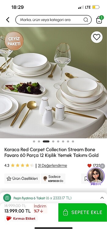 Beden Karaca 12 kişilik yemek takımı