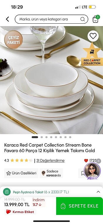 Beden beyaz Renk Karaca 12 kişilik yemek takımı