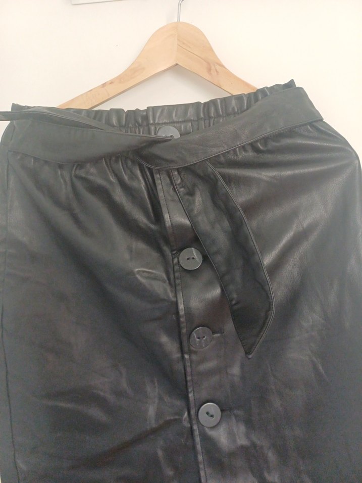 Düğmeli Siyah Midi Keten Uzun Etek - Görsel 2