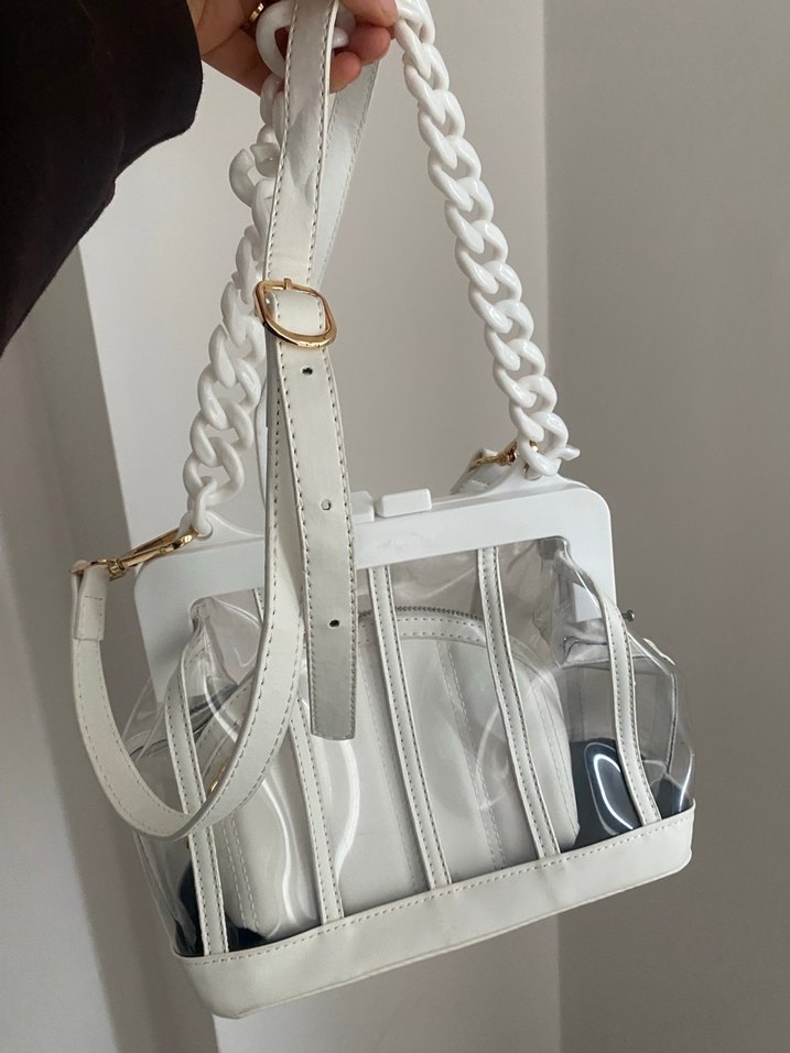 Zincir Detaylı Şeffaf Beyaz Kadın Çanta - Görsel 4