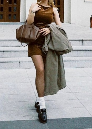 Zara Kahverengi Süet Kemerli Midi Trençkot