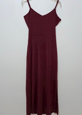 Bordo V Yaka Uzun Kadın Elbise - Görsel 2