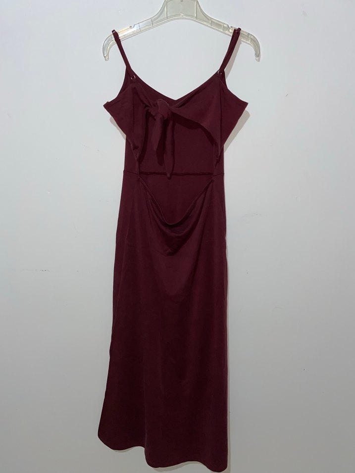 Bordo V Yaka Uzun Kadın Elbise - Görsel 3