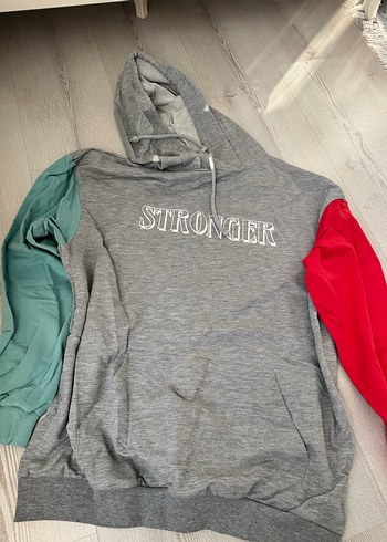 Kapüşonlu, Baskılı, Renkli Kollu Gri Sweatshirt - Görsel 2