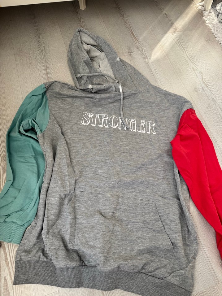 Kapüşonlu, Baskılı, Renkli Kollu Gri Sweatshirt - Görsel 2