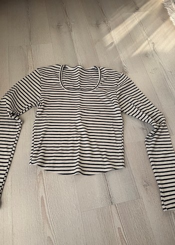 Uzun Kollu Çizgili Kadın Crop Top - Görsel 2