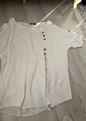 Düğmeli Beyaz Keten Kadın Gömlek - Görsel 2