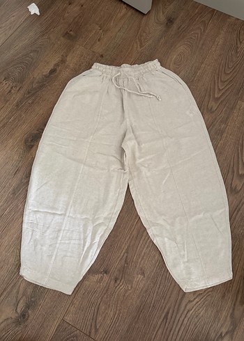 Bej Kadın Keten Bol Kesim şalvar Pantolon