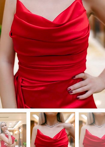 Kırmızı Drapeli Uzun Abiye Elbise - Görsel 3