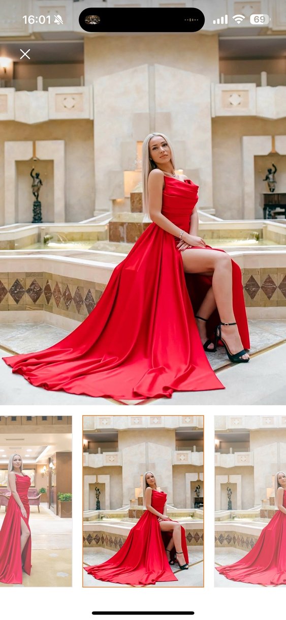 Kırmızı Drapeli Uzun Abiye Elbise - Görsel 2