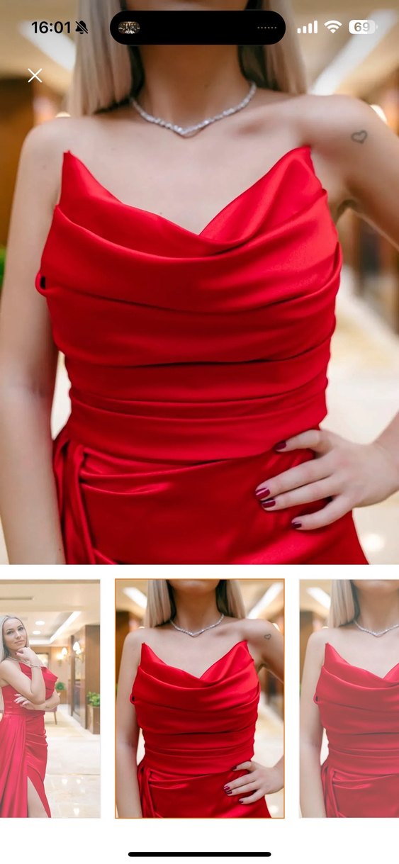 Kırmızı Drapeli Uzun Abiye Elbise - Görsel 3