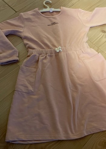 Pembe pamuklu Kumaşlı, beli  ayarlanabilir lastikli Kız Elbisesi - Görsel 3