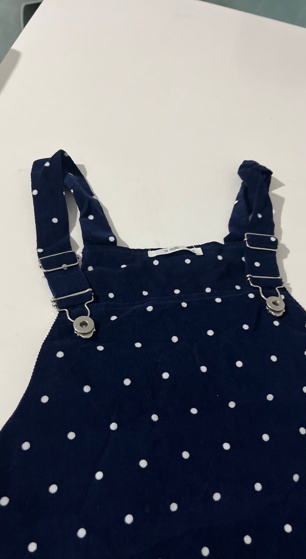 Kadife Kızlar için Lacivert Puantiyeli Denim Salopet - Görsel 4