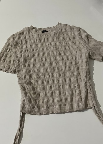 Bej Kısa Kollu Büzgülü Crop Top - Görsel 3