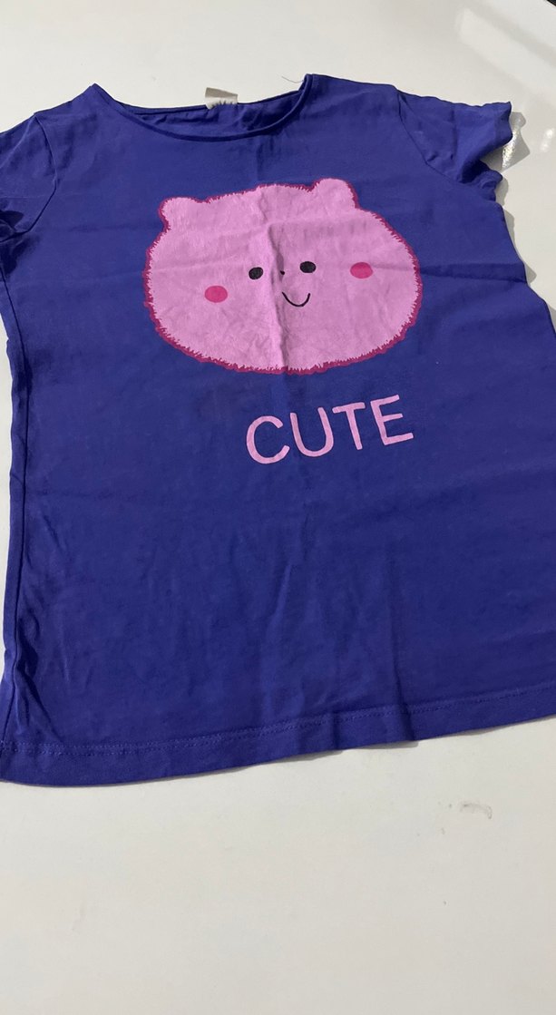 Kız Çocuk Mor Düğmeli Baskılı Tişört - Görsel 3