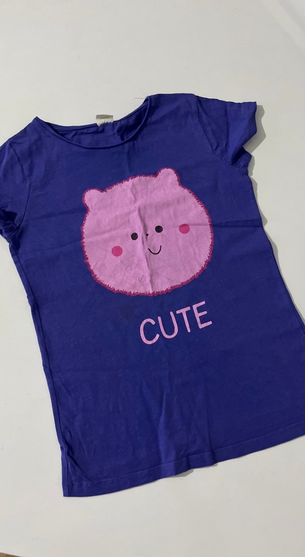 Kız Çocuk Mor Düğmeli Baskılı Tişört - Görsel 4