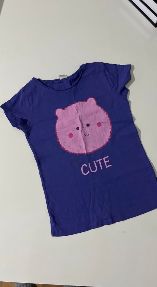 Kız Çocuk Mor Düğmeli Baskılı Tişört - Görsel 2