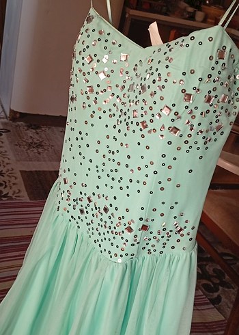 Turkuaz Payetli Uzun Straplez Abiye Elbise - Görsel 2