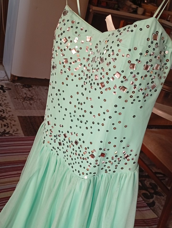 Turkuaz Payetli Uzun Straplez Abiye Elbise - Görsel 2