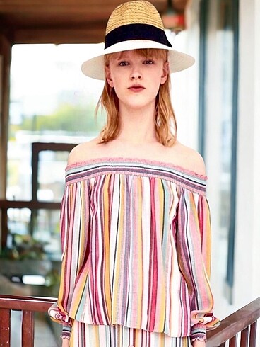 ZARA ÇİZGİLİ MADONNA YAKA ETNİK BLUZ