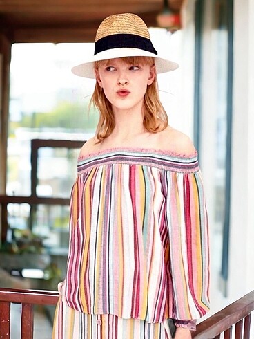 Zara ZARA ÇİZGİLİ MADONNA YAKA ETNİK BLUZ