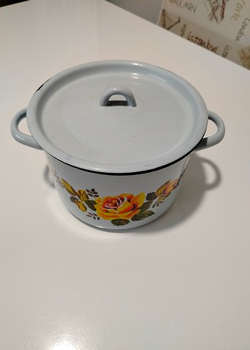 Çiçek Desenli Açık Mavi Vintage Emaye Tencere - Görsel 8