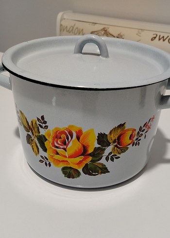 Çiçek Desenli Açık Mavi Vintage Emaye Tencere - Görsel 9