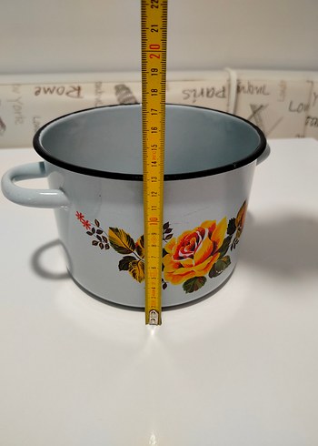 Çiçek Desenli Açık Mavi Vintage Emaye Tencere - Görsel 3