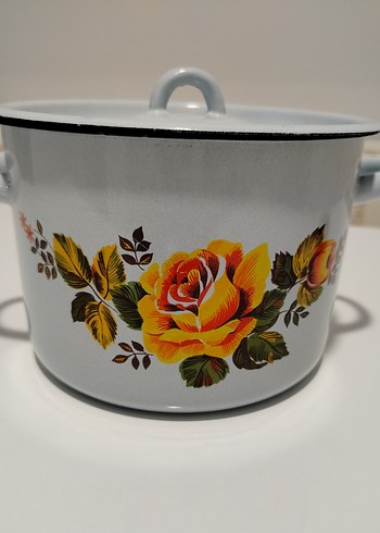 Çiçek Desenli Açık Mavi Vintage Emaye Tencere - Görsel 2