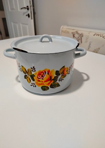 Çiçek Desenli Açık Mavi Vintage Emaye Tencere - Görsel 7