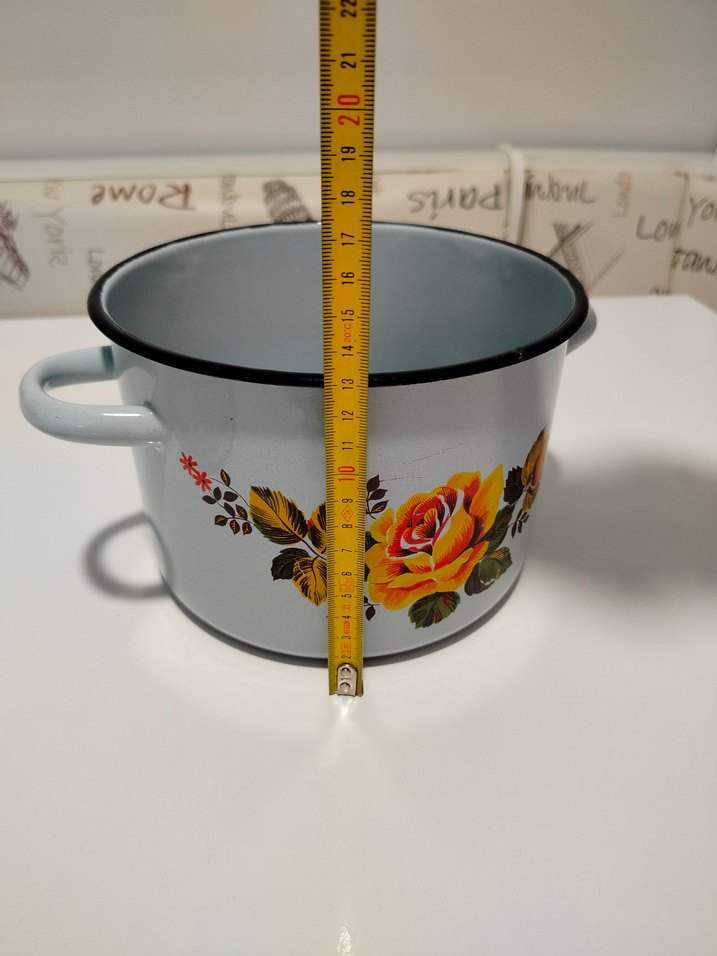 Çiçek Desenli Açık Mavi Vintage Emaye Tencere - Görsel 3