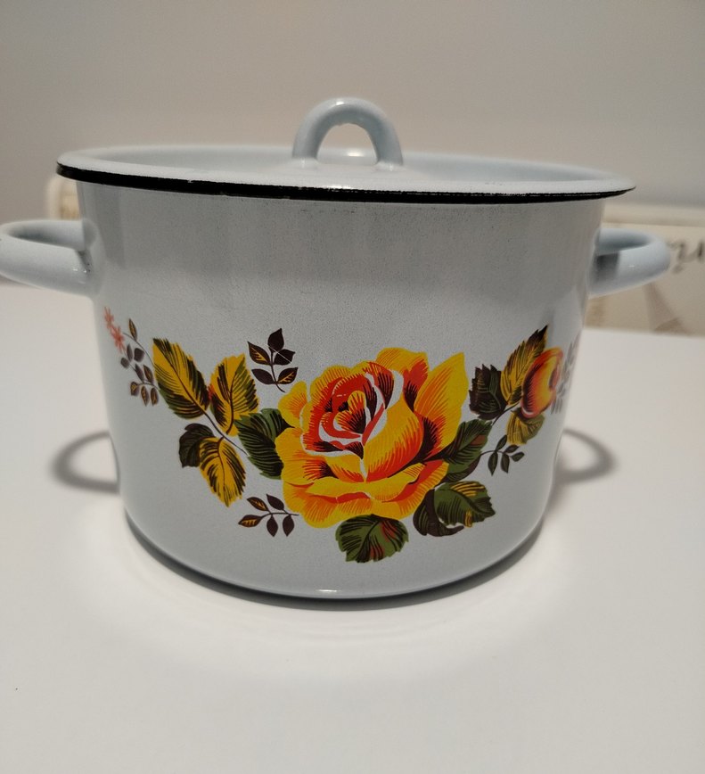 Çiçek Desenli Açık Mavi Vintage Emaye Tencere - Görsel 2