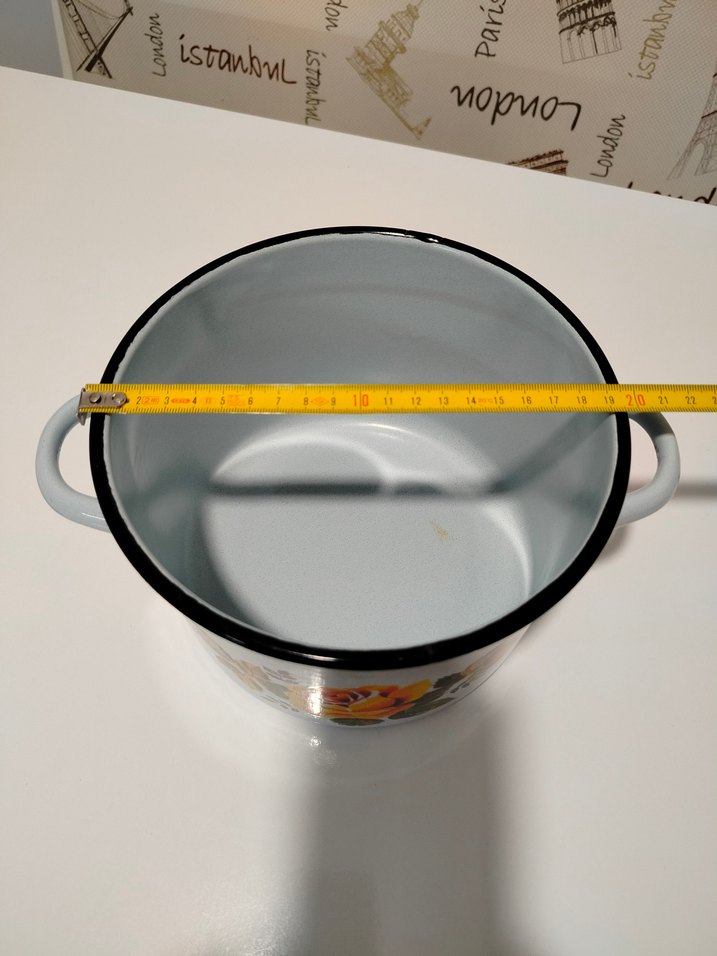 Çiçek Desenli Açık Mavi Vintage Emaye Tencere - Görsel 4